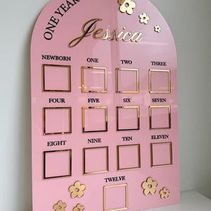 K&ouml;nnte beinhalten: Rosafarbene Meilensteintafel aus Acryl mit goldenen Akzenten. Enth&auml;lt den Text "One Year of Jessica" und Rahmen f&uuml;r jeden Monat. Inklusive goldener Blumenverzierungen. Ein dekoratives St&uuml;ck f&uuml;r Babyfotos.