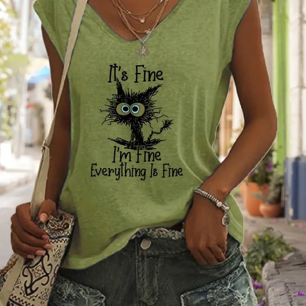 Cartoon Cat Print Tank Top, Sleeveless V Neck Casual Top For Spring & Summer, Women's Clothing