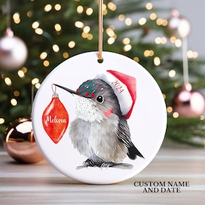 Personalized Hummingbird Tree Ornament, Hummingbird with Santa Hat, Christmas 2024 Hummingbird Ornament, Bird Lover, Humming Bird Gift