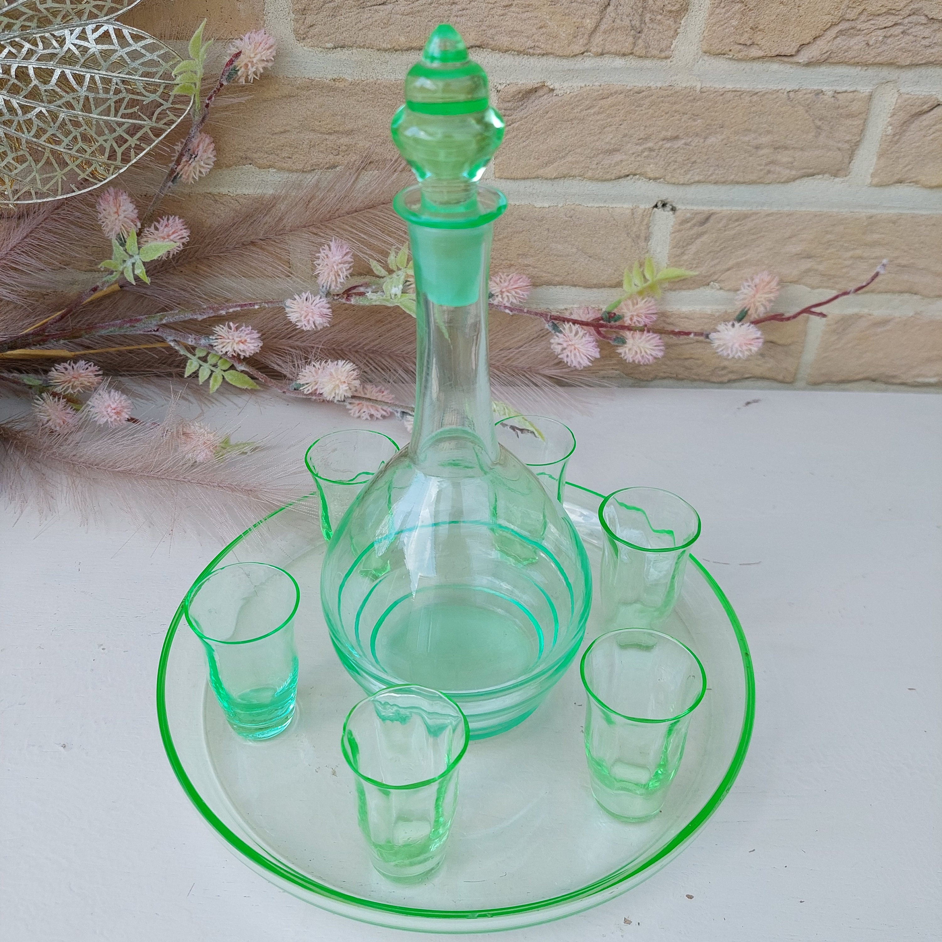 Uranium Green Glass Liqueur Set With 6 Shot Glasses Decanter Etsy