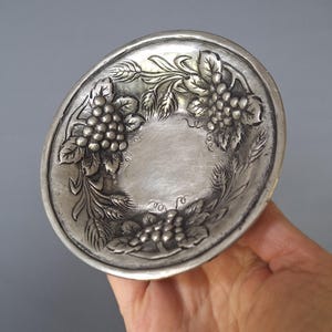 Vintage European Pewter Dish EPU Etain Zinn 95 Grapevine Relief Trinket Bowl Mid Century Rustic Decor Heavy Handcrafted Metal
