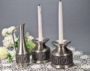 Vintage Pair of Pewter Candlesticks and Vase by Groenlandica Tinn from Norway 1960s, Norwegian Folk Art, А True Unique Find for Collectors