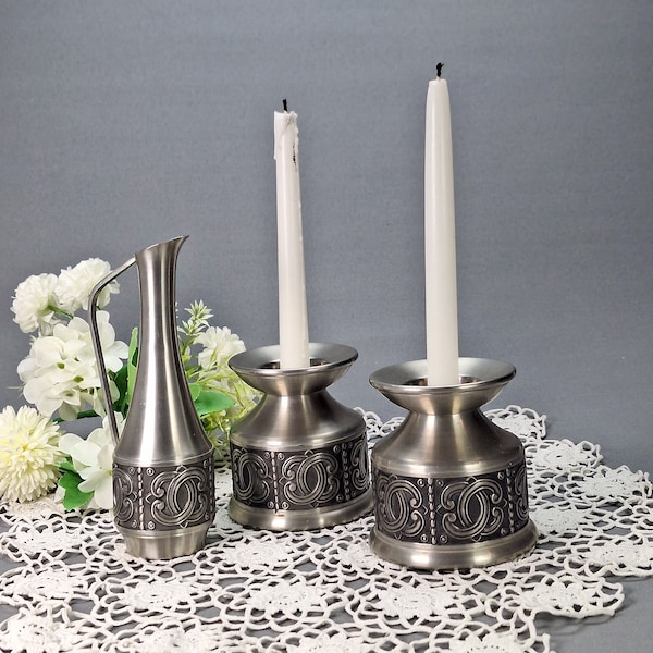 Vintage Pair of Pewter Candlesticks and Vase by Groenlandica Tinn from Norway 1960s, Norwegian Folk Art, А True Unique Find for Collectors