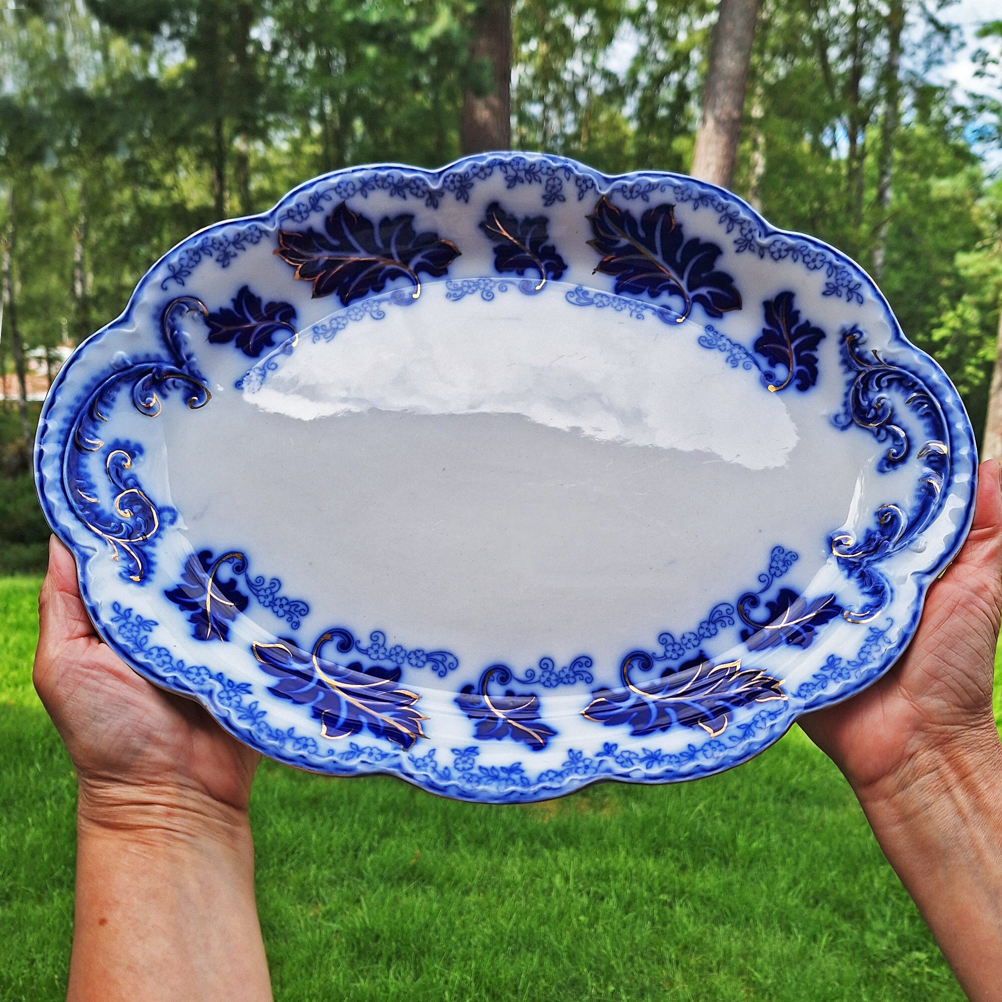 Antique Flow Blue Platter by Johnson Brothers ,normandy