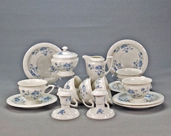 Vintage Rosenthal Maria Bone China Tea Cup Set with Pair of Candlestick, Pattern Blue Bouquet, Pale Blue Flower Border, Germany Circa 1980s