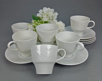 Vintage Hutschenreuther Germany Porcelain Cup and Saucer, White Relief, Arzberg Bavaria, 1969, Mid-Century Modern Tea Set