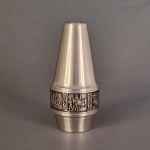 Vintage Scandinavian Folk Art Pewter Vase Norsk Tinn Norway Mythical Relief Figures Midcentury Nordic Tin Decor ca 1960s