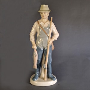 Vintage Lippelsdorf Porcelain Figurine Fisherman East Germany 1950s Art Nouveau Style Crown Mark GDR 1877 Glazed Collectible Decor