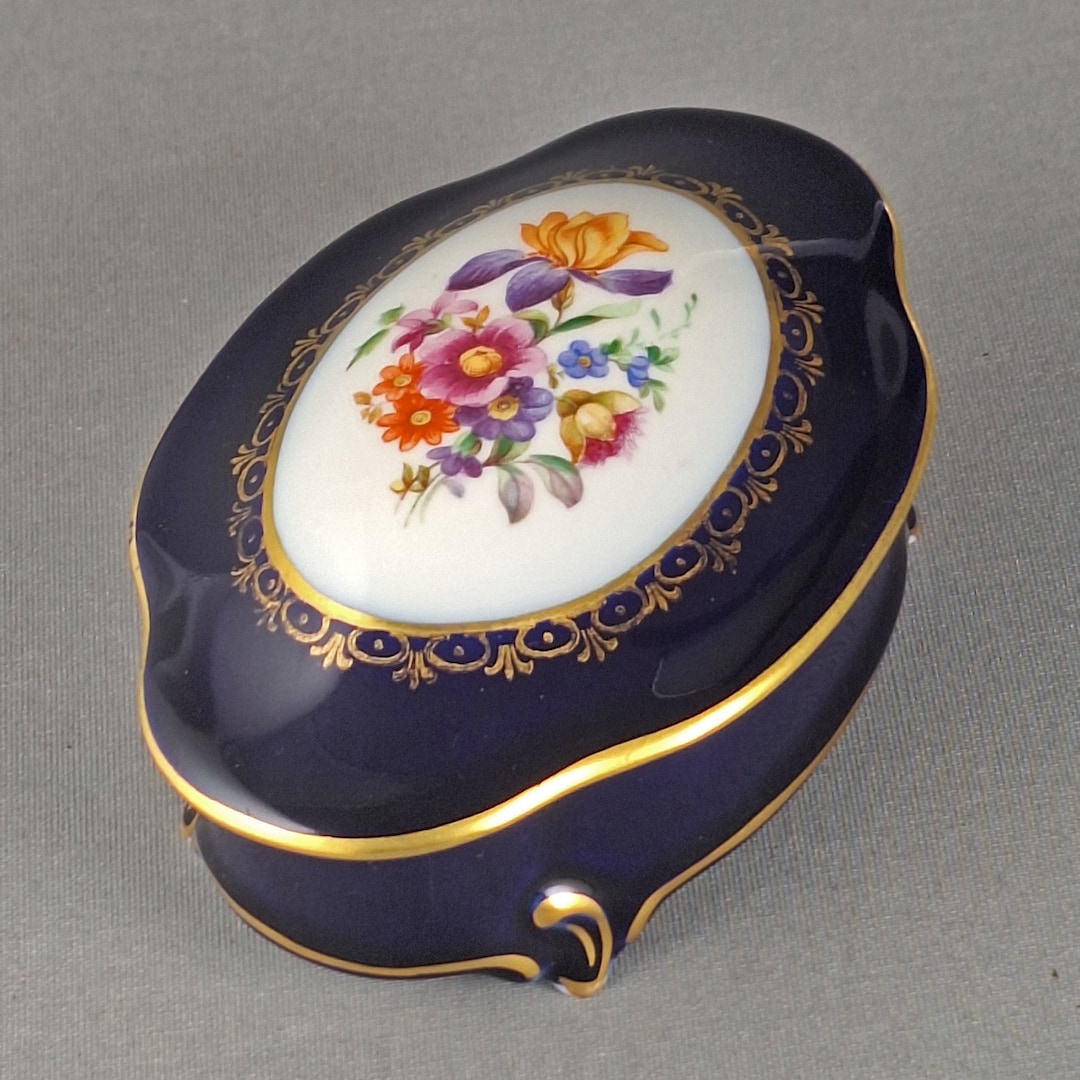 Vintage JLMENAU Echt Kobalt Porcelain Trinket Box, Floral Design