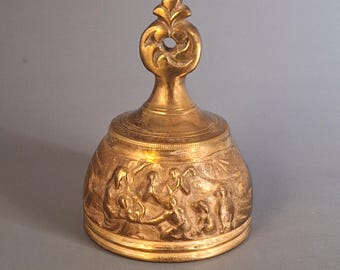 Early 20th Century Solid Brass Table Bell, Hand-Cast European Bell with Ornate Relief