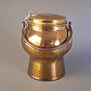 Antique Brass Storage Pot with Lid & Iron Handle, Hand-Tinned Interior, Early 1900s European Folk Craft, Rustic Kitchen Container