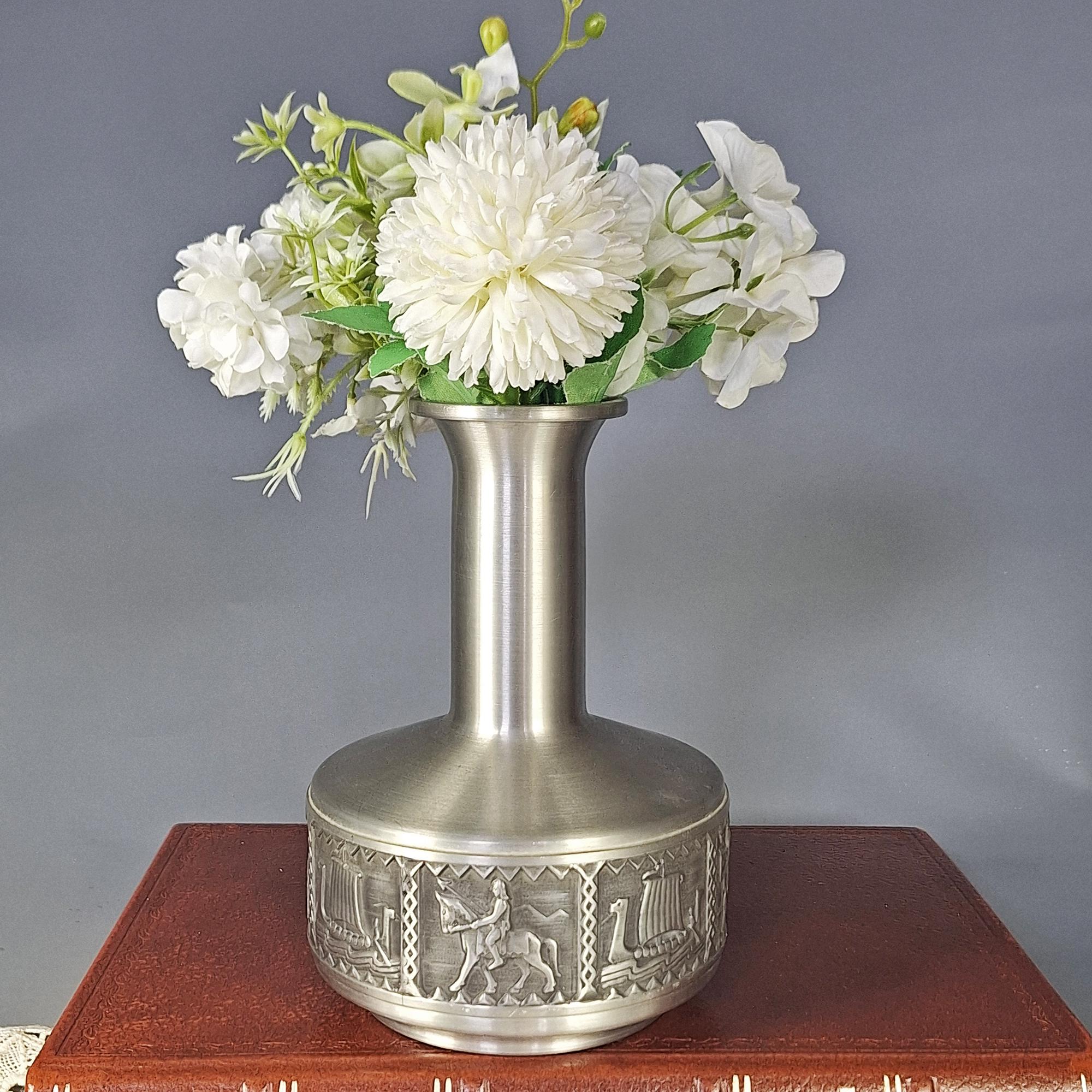 Vintage Norwegian Pewter Vase: Viking Ship Relief, Scandinavian