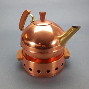 Bouilloire et réchaud en cuivre vintage, chauffe-théière avec couvercles et poignée en bois, chauffe-théière, chauffe-théière, milieu du siècle moderne