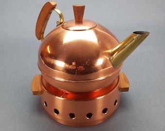 Vintage Copper Kettle and Stove,Teapot Warmer with Lids and Wood Handle,Teapot Warmer,Copper Heater, Mid Century Modern