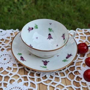 Vintage  Cup and Saucer,Stamped Handelmalt 12 g with Logo (Crown Mark  with Z),Porcelain Flowers Hand Painted  Unique Collectible pieces.