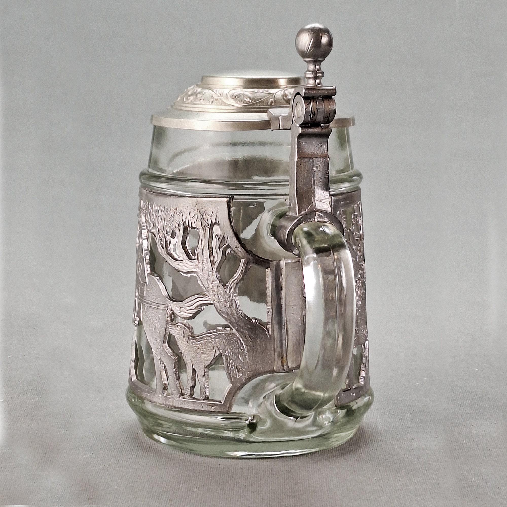 Vintage Zinn Pewter Glass Beer Stein, Stunning Stag Hunt