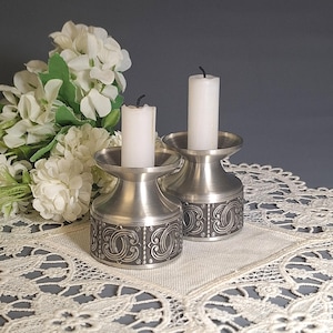 Brutalist Pewter Candle Holders, Pair by Groenlandica Tinn Norway, Nordic Design, Scandinavian Modern, 1970s, Heavy Tin Alloy, Rare Vintage