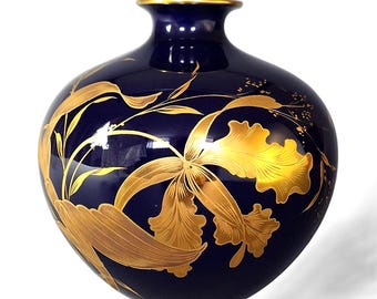 Wazon porcelanowy w stylu vintage Heinrich Bavaria w kolorze kobaltu, ręcznie malowany złotymi zdobieniami, Niemcy