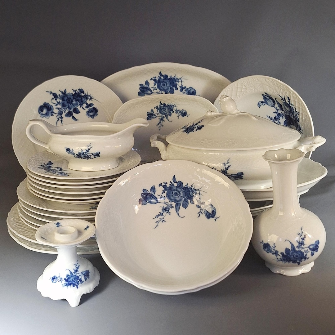Vintage Schumann Arzberg Bavaria Dinnerware Set, Cobalt Blue Rose