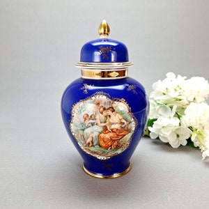 Vintage Porcelain Zeh Scherzer Bavaria Lidded  Vases with a Romantic Scene and Gold Rim, Germany Circa 1949-1991s,A Rare and Exquisite Find