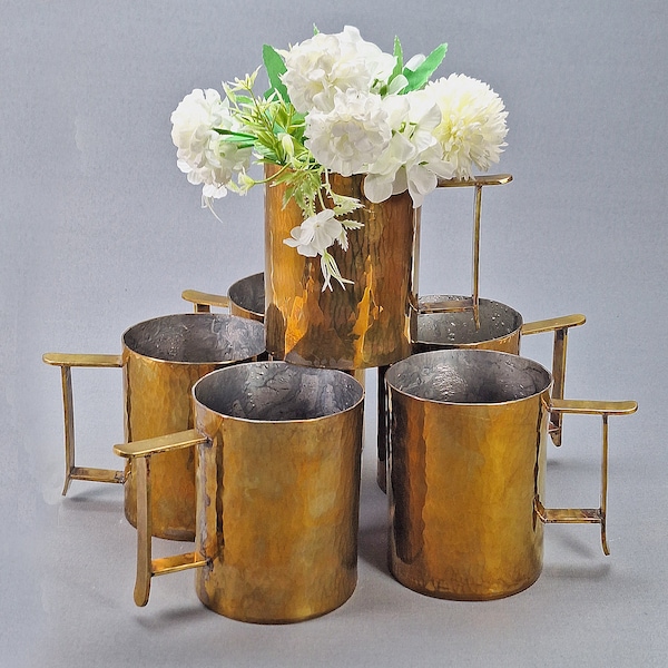 Vintage Robert Essen Handmade Hammered Brass Mug and Vase, Scandinavian Modern Art 1978s, Uniquely Crafted Interior Design for Connoisseurs