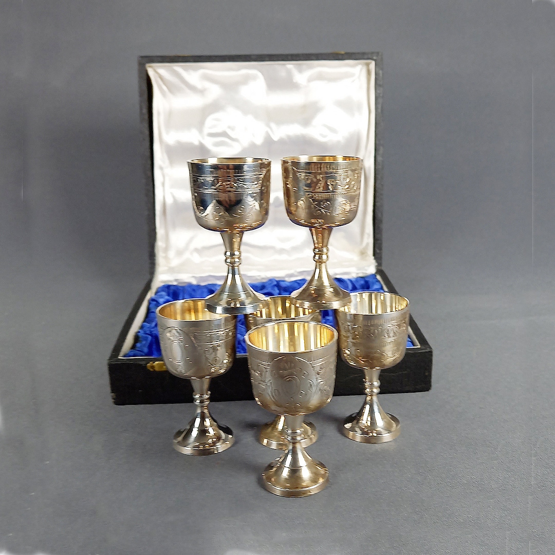 Vintage Silver Plated Goblets Set of 6 With Handetched Floral Designs