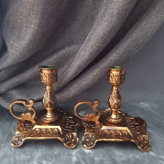 Vintage Brass Pair of Candle Holder With Finger Hole,marked Clostermalm  Hantverk,brass Chamberstick ,gold Color Brass Scandinavian Design 