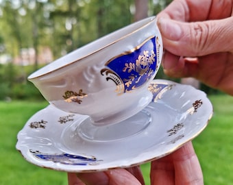 Tazza e piattino in porcellana Winterling Bavaria vintage - Cobalto floreale, finiture dorate