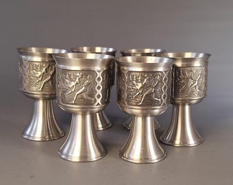Vintage Norwegian Pewter Goblets, Viking Barware Set of 6, 1977