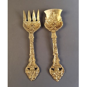 Vintage Italian Baroque Brass Serving Set Gilt Fork and Spoon Marked ITALY CI Rococo Revival 1960s 1970s Home Decor Ornate Flatware Display
