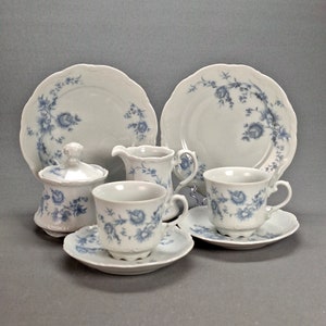 Vintage Mitterteich Bavaria Blue Rose Pattern Porcelain Set of 2 Trio Cups, Sugar Bowl and Milk Jugs, Collectible, Fine China, German, 1970s