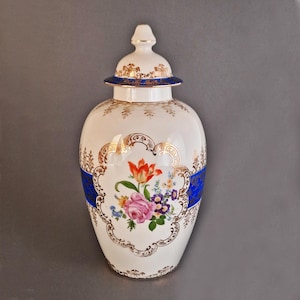 Vintage Porcelain Urn Oscar Schlegelmilch Gold Cobalt Blue Floral 1950-1972 Collectible Decor German Antique Lidded Vase Gift, Rare find