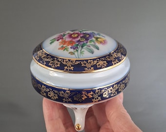 Vintage Martinroda Porcelain Trinket Box – Hand-Painted Floral, Cobalt Blue & Gold Accents