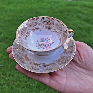 Vintage Teacup Demitasse Cup and Saucer,Flower Motif and Gold Rim,Mark GKC Bavaria,Mid Century German Porcelain 1950s Ideal for Collectors