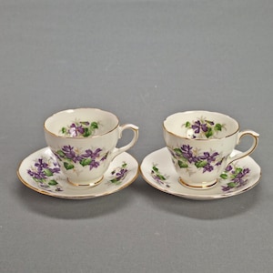 Vintage Duchess Bone China England Violets Two Teacup & Saucer, Purple Floral Design with Gold Rim, Victorian Style, Rare Collectible 1950s