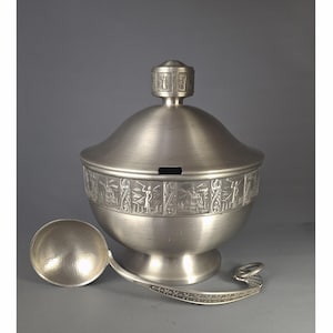 Vintage Norwegian Pewter Soup Tureen: EIK TINN Viking Relief, Ladle Included