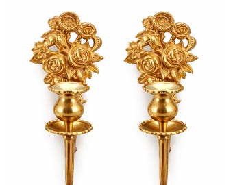Pair of Swedish Brass Wall Candle Sconces, Floral Relief, c.1970s Scandinavian Design