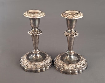 Antique Silver Plated Rococo Candlesticks, Ornate Bobeches, Early 20th Century