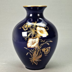 Vintage Cobalt Blue Limburg Porcelain Vase with Gold Trim and Delicate White Flowers, Crafted in Germany 1960s, Rare Find for Collectors