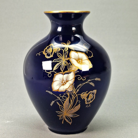 Vintage Cobalt Blue Limburg Porcelain Vase With Gold Trim