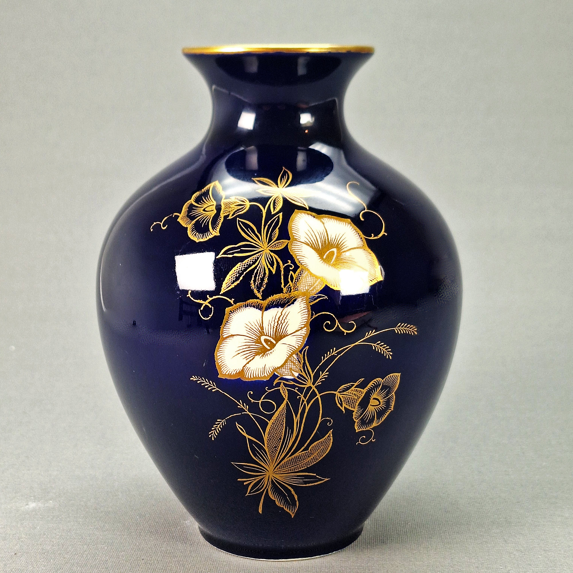 Vintage Cobalt Blue Limburg Porcelain Vase With Gold Trim