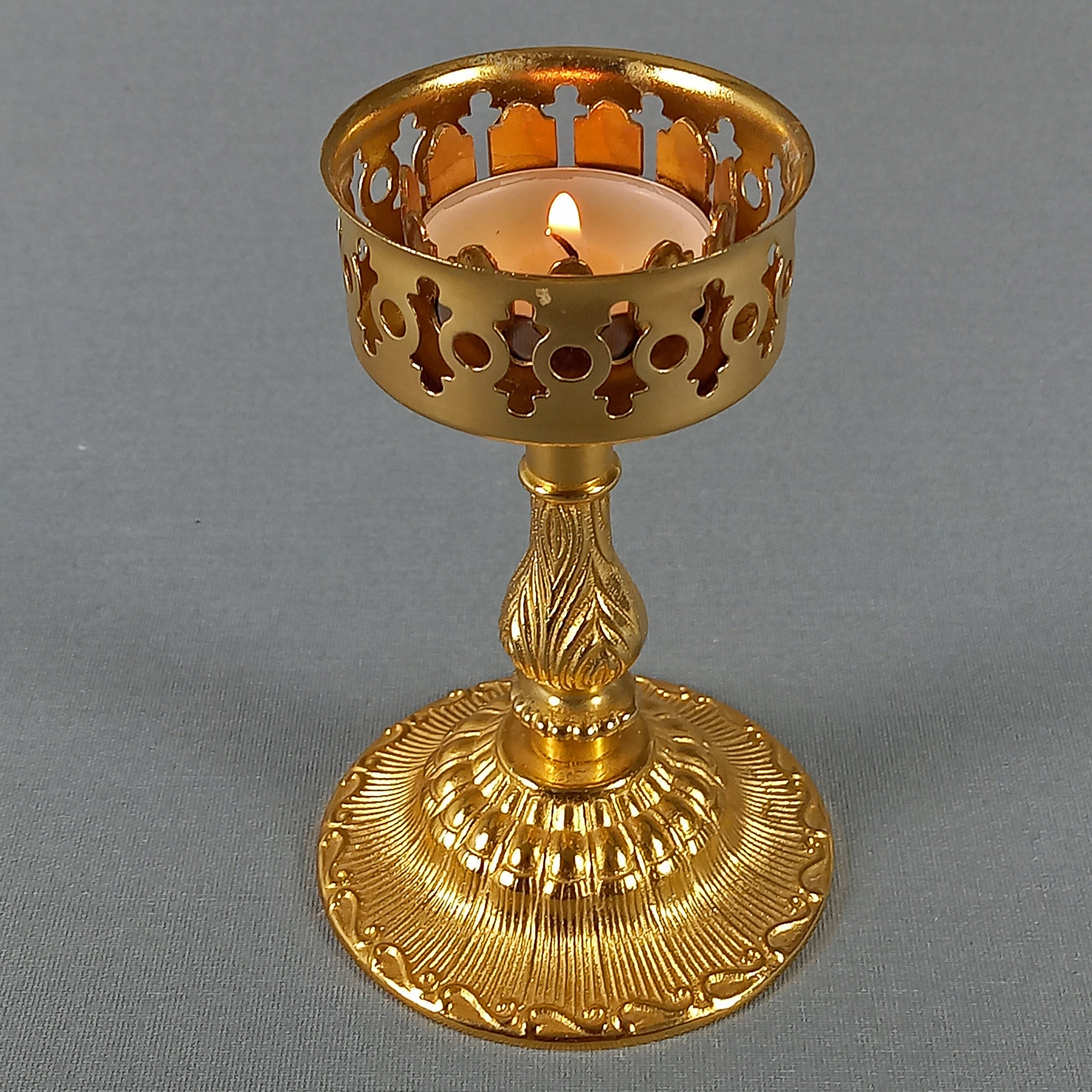 Vintage Lycenta Brass Plated with 24K Gold Candle Holder, Gothic-Style Candelabra Lantern, Decoration in Medieval Style, 20th Century Sweden