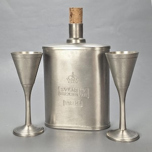 Vintage Swedish Pewter Flask & Goblets by Scandia Tenn, 1980s, Marked G10/1981 F1, Unused in Box, Rare Nordic Set, For Collectors