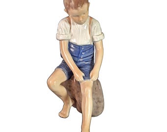 Bing & Grøndahl Porcelain Figurine, Boy on Rock, Danish Art Nouveau Decor