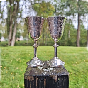 Vintage Etched  Epns Brass  12 pcs Goblet, Marked  E.P.N.S.,Handcrafted Artisanal Retro Wine Chalice Engraved Goblet 1950s