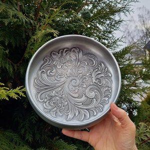 Vintage Pewter Bowl,Marked Eik Tin Norway,Rosemaling Bowl,Scandinavian Metal Art, Norwegian Designer. Nordic Home Table Decor