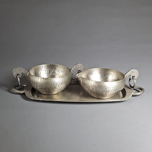 Vintage Pewter Set, EIK Tinn Norway 116, Creamer, Sugar Bowl and Tray, Scandinavian Modern, Hammered Finish, Herdet Tinn, 1960s