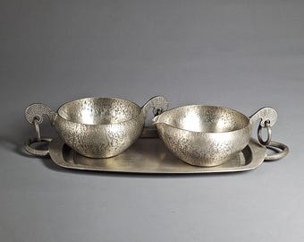 Vintage Hammered Pewter Creamer, Sugar Bowl & Tray Set, EIK Tinn Norway