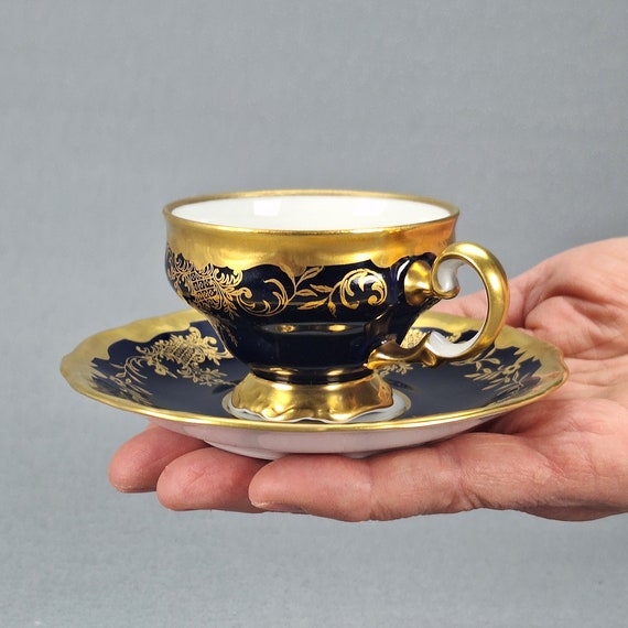 Vintage Weimar Cobalt Porcelain Cup and Saucer, Gold Rococo Decor