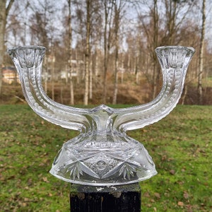 Vintage Handmade Hand cut Crystal Double Candlestick Holders,Retro Crystal  Glass Candlestick Holder, Candleabra  Etched Candlestick